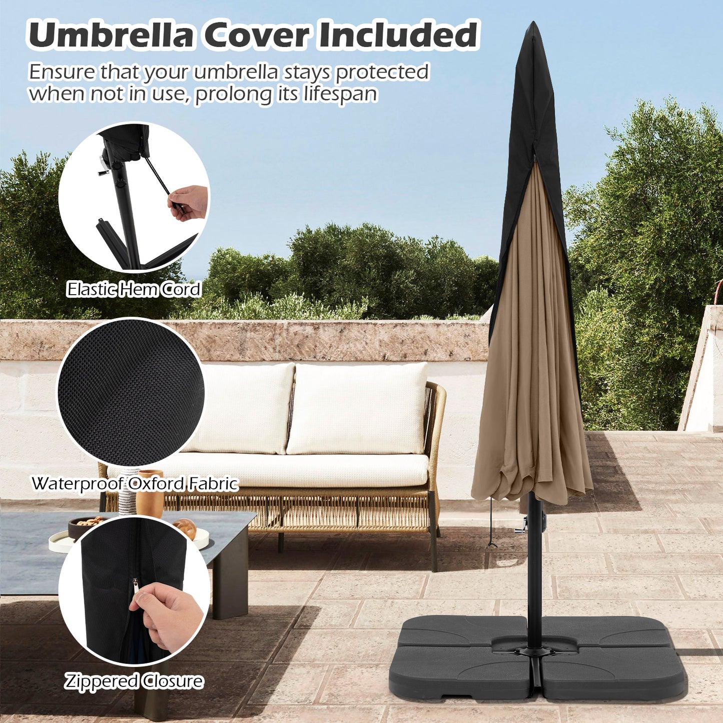 10 Feet Patio Cantilever Umbrella, Tilt Adjustment, Ruffled Edge, Taupe Outdoor Umbrellas at Gallery Canada