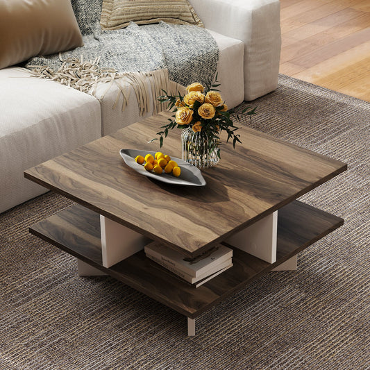 2-Tier Square Coffee Table with 4 Storage Compartments, Walnut Coffee Tables Walnut at Gallery Canada