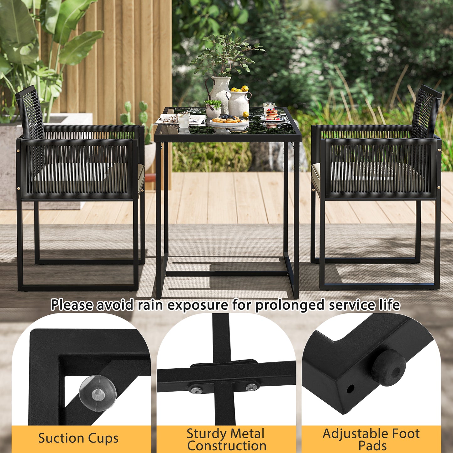 3 Pieces Patio Tempered Glass Top Table and Chairs Set for Porch Backyard, White Patio Conversation Sets at Gallery Canada