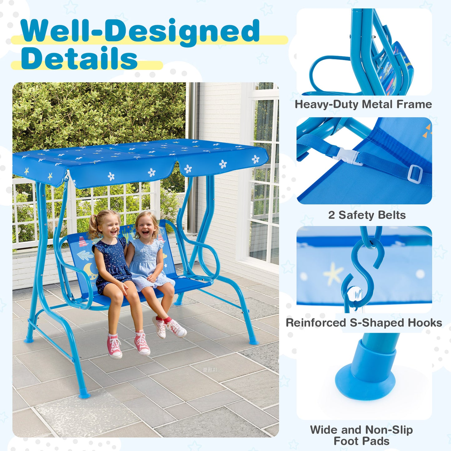 2-Seater Kids Patio Swing, Metal Stand, Adjustable Canopy, Blue Swing & Playsets at Gallery Canada