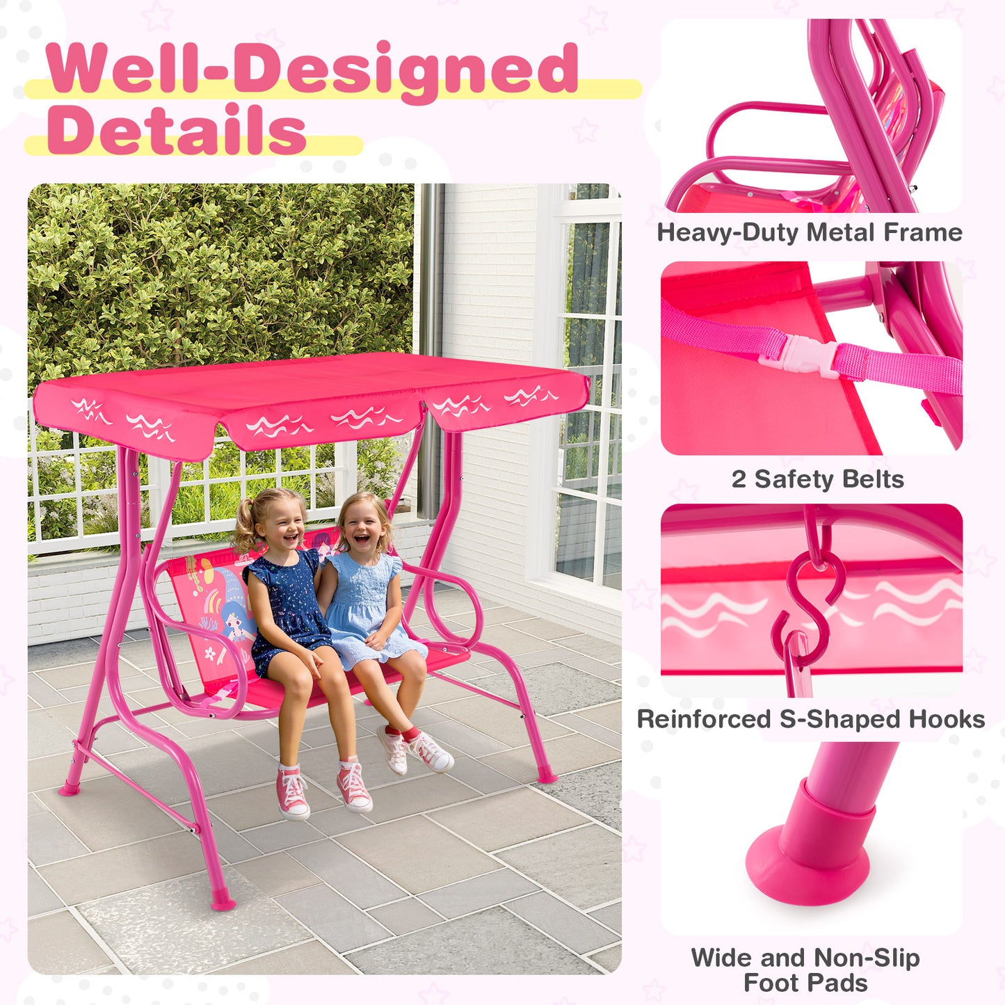 2-Seater Kids Patio Swing, Metal Stand, Adjustable Canopy, Pink