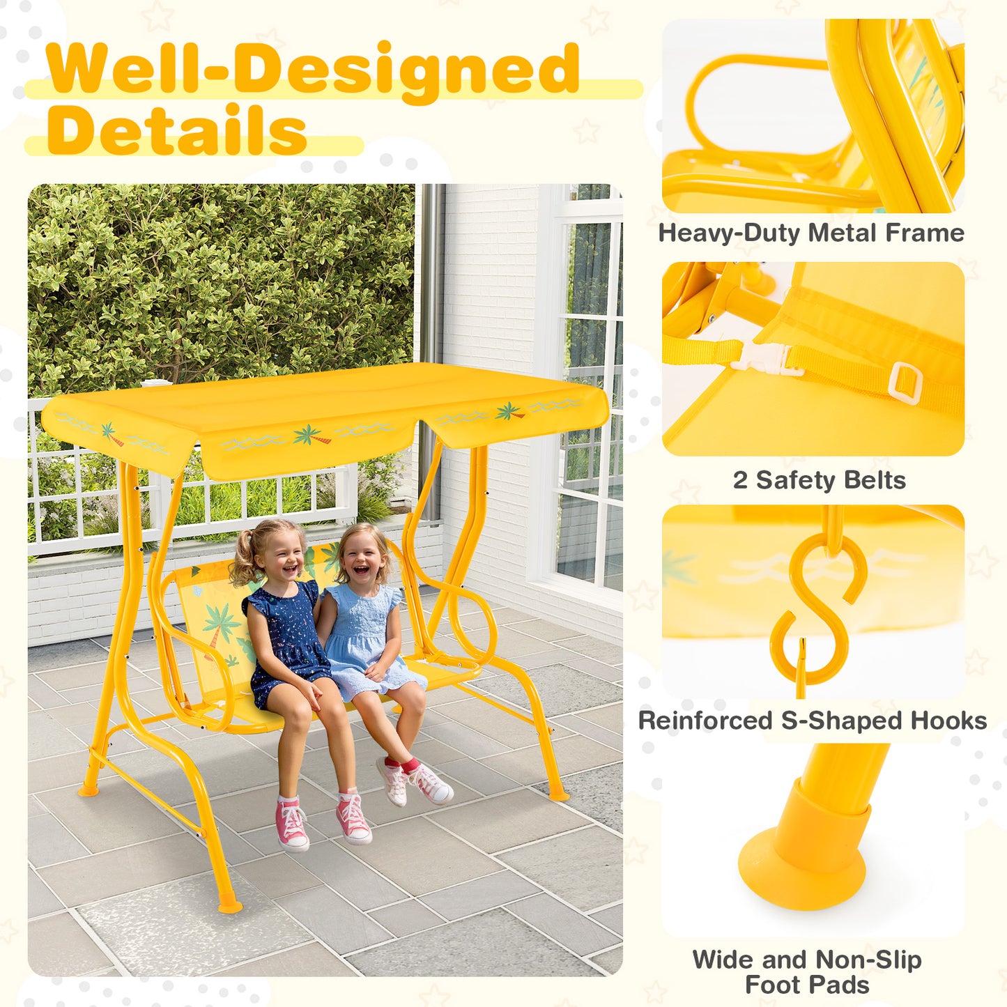 2-Seater Kids Patio Swing, Metal Stand, Adjustable Canopy, Yellow