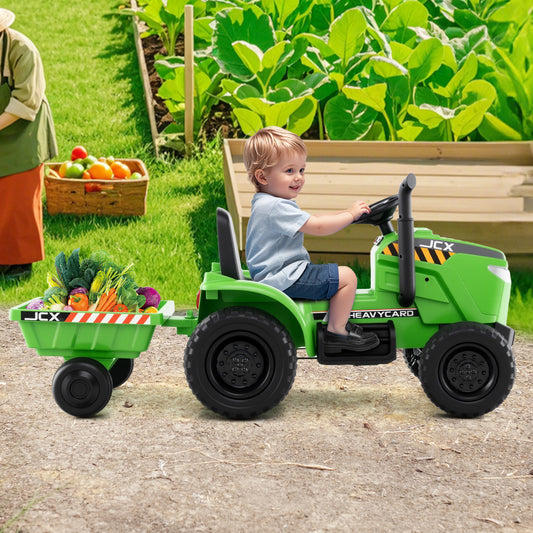 12V Kids Ride On Tractor With Trailer, 3-Gear Shift, Green Powered Ride On Toys Green at Gallery Canada