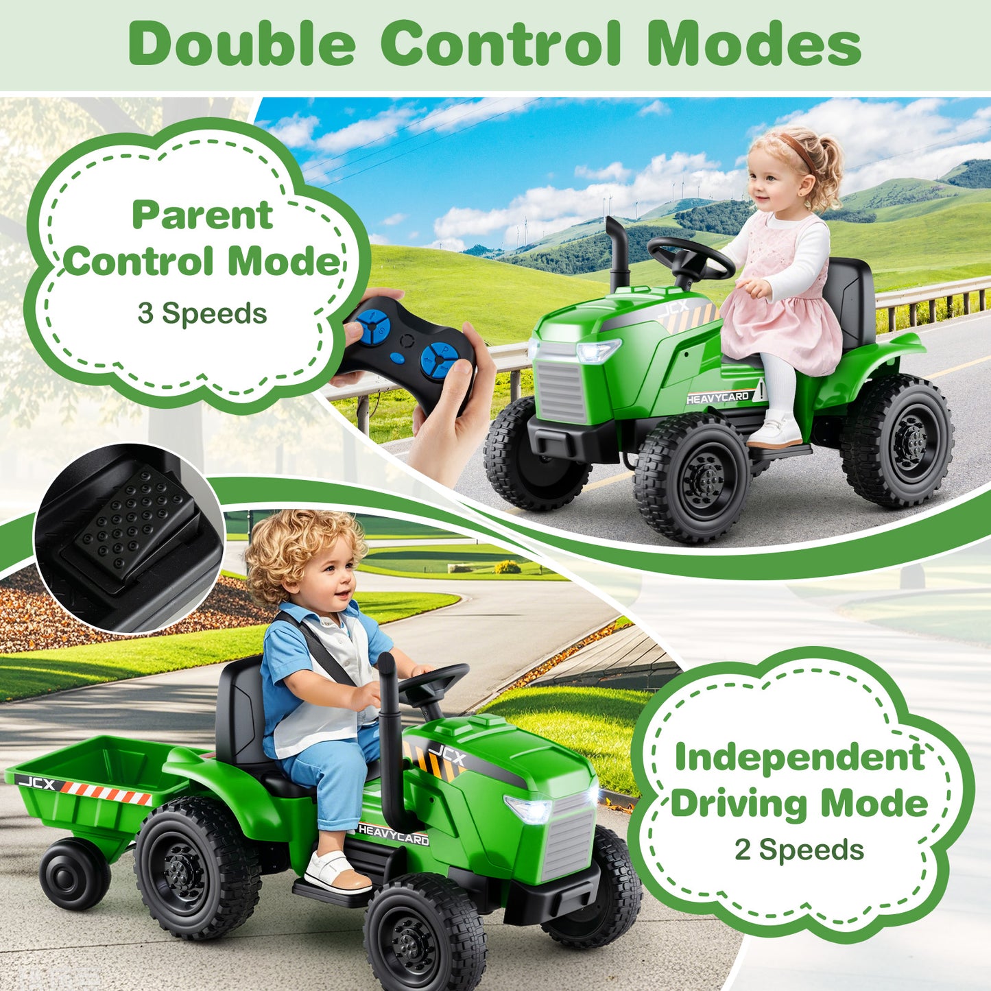 12V Kids Ride On Tractor With Trailer, 3-Gear Shift, Green Powered Ride On Toys at Gallery Canada