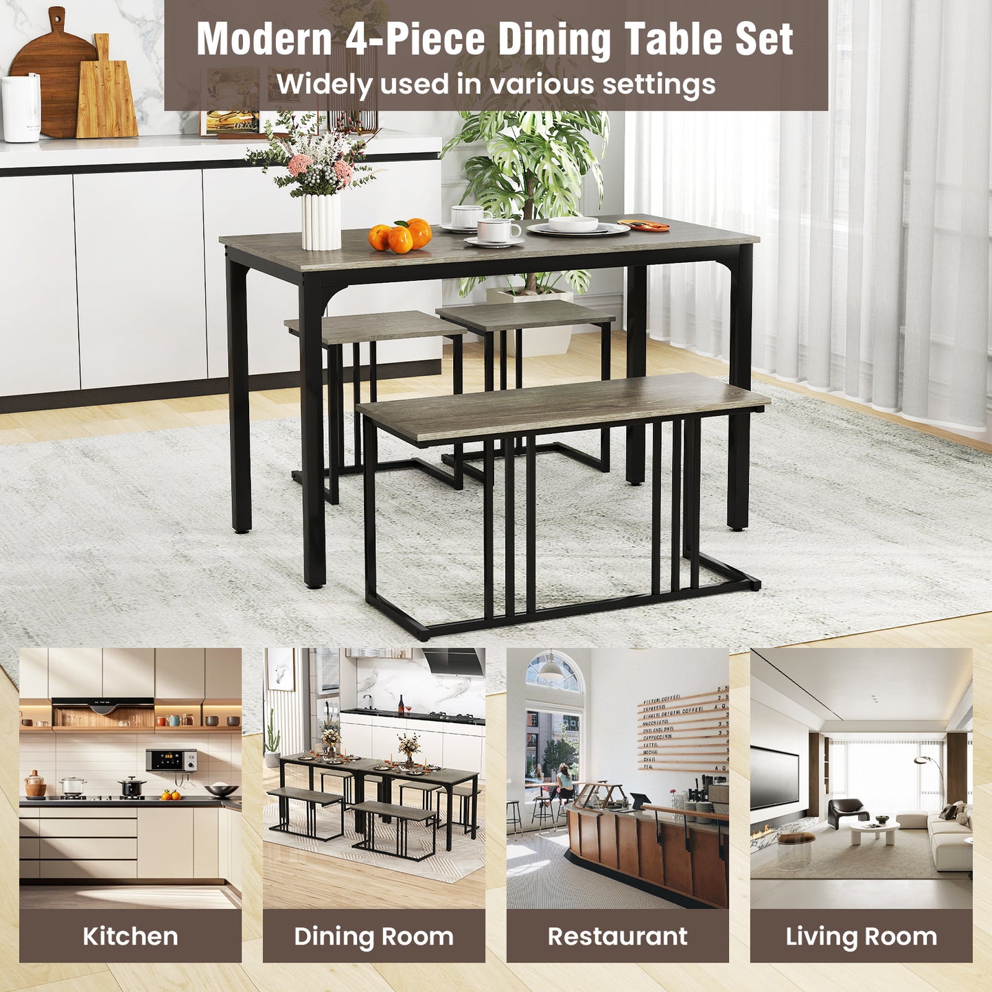 4 Pieces Space-Saving Dining Table Set with Bench and 2 Stools, Oak Dining Room Sets at Gallery Canada
