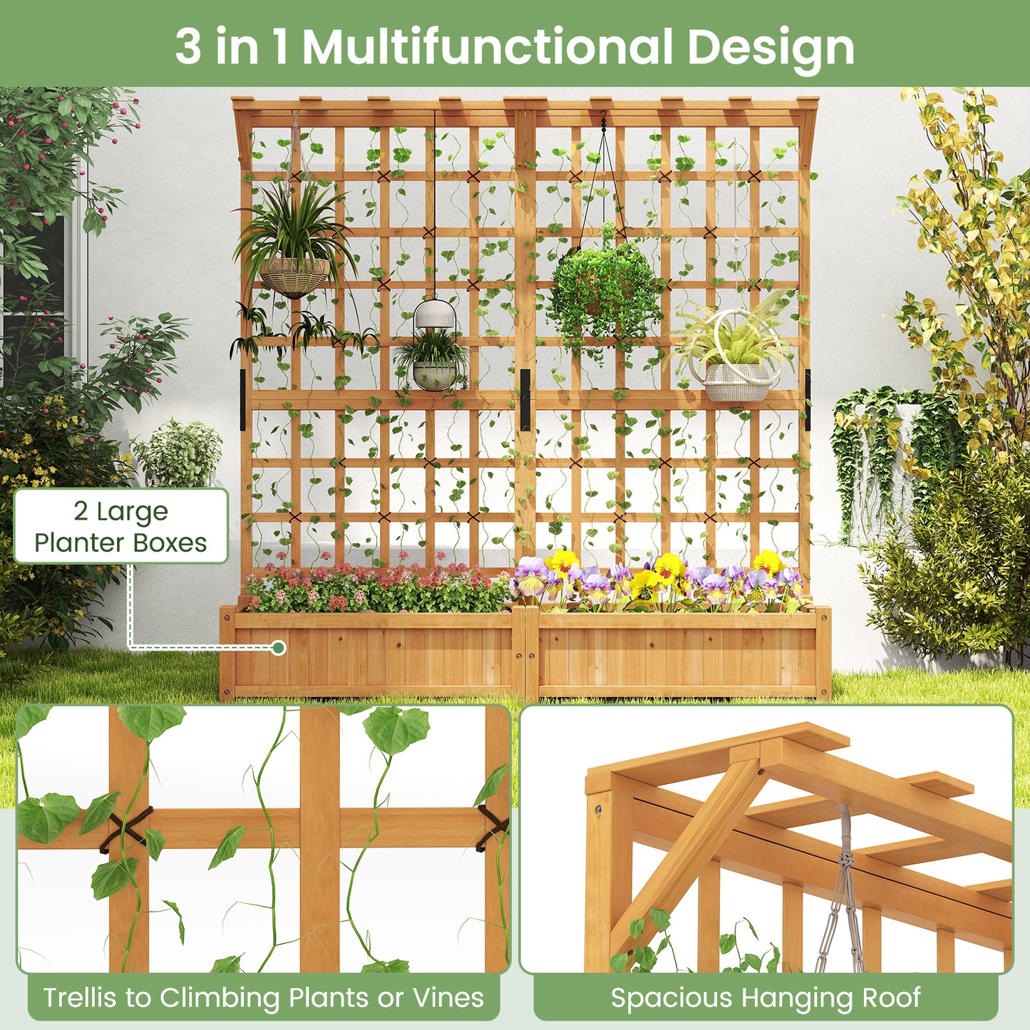 71 Inches Large Wooden Planter Container With Trellis, Hanging Roof, Orange Raised Garden Beds at Gallery Canada