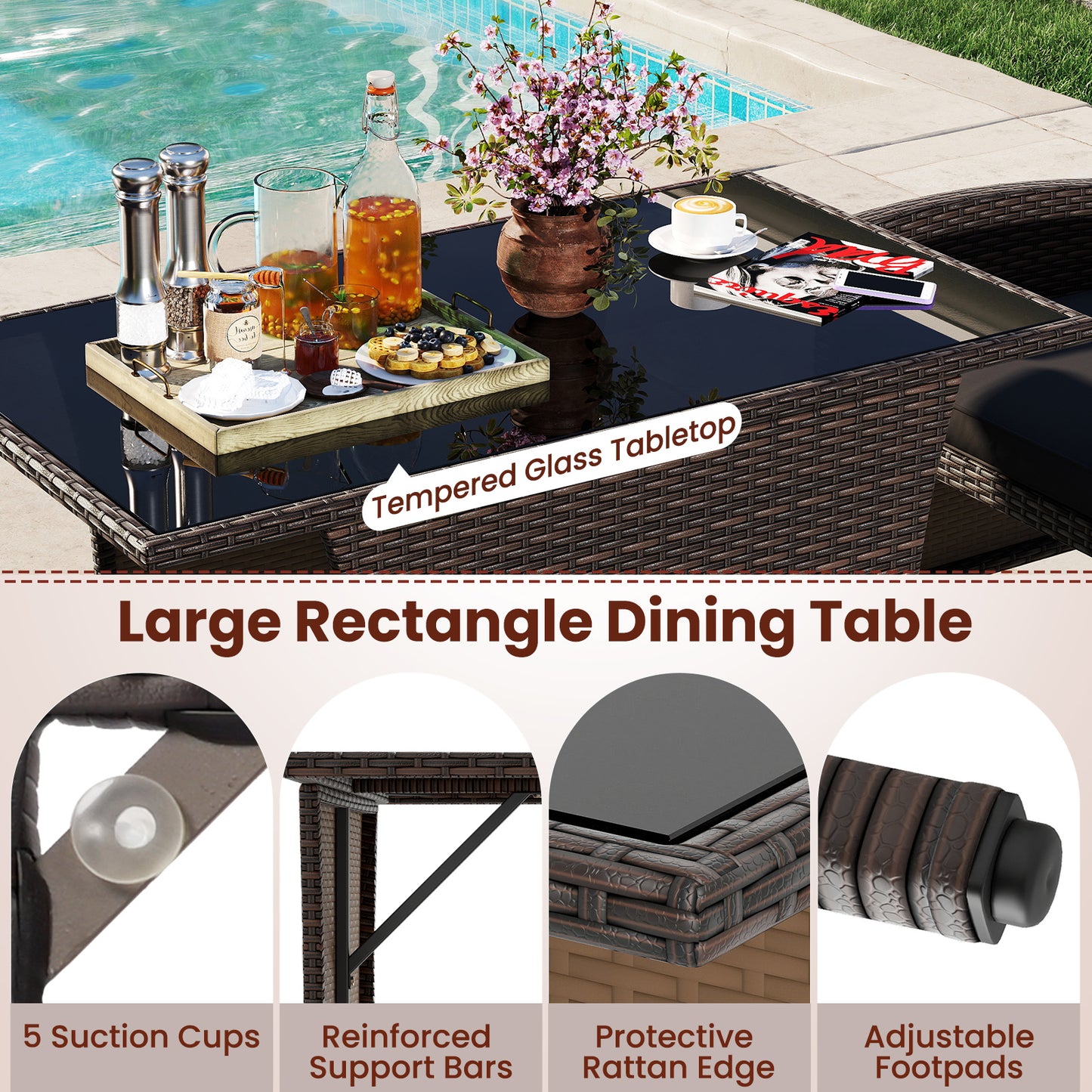 3 Piece Patio Dining Set, Rectangle Tempered Glass Table, Brown