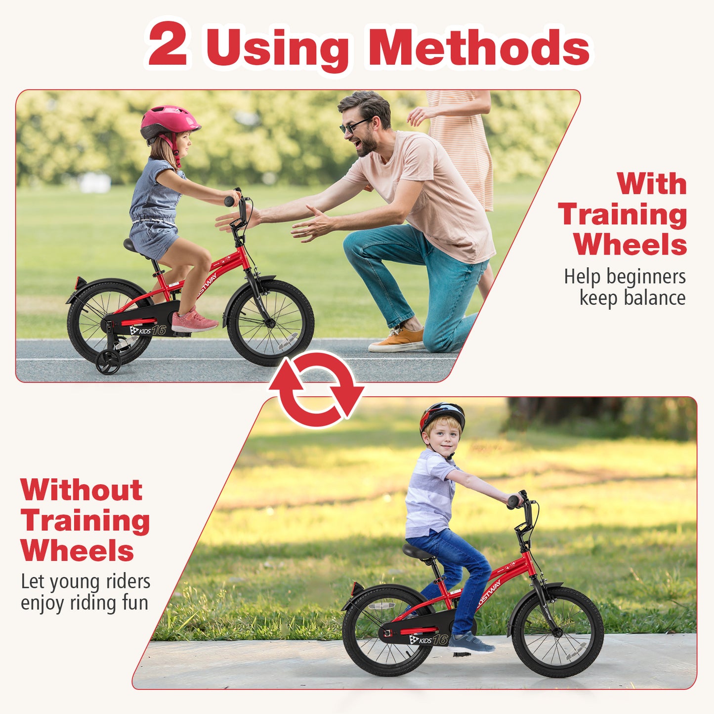 16 Inch Kids Bike, Adjustable Bicycle With Reflectors And Bell, Red