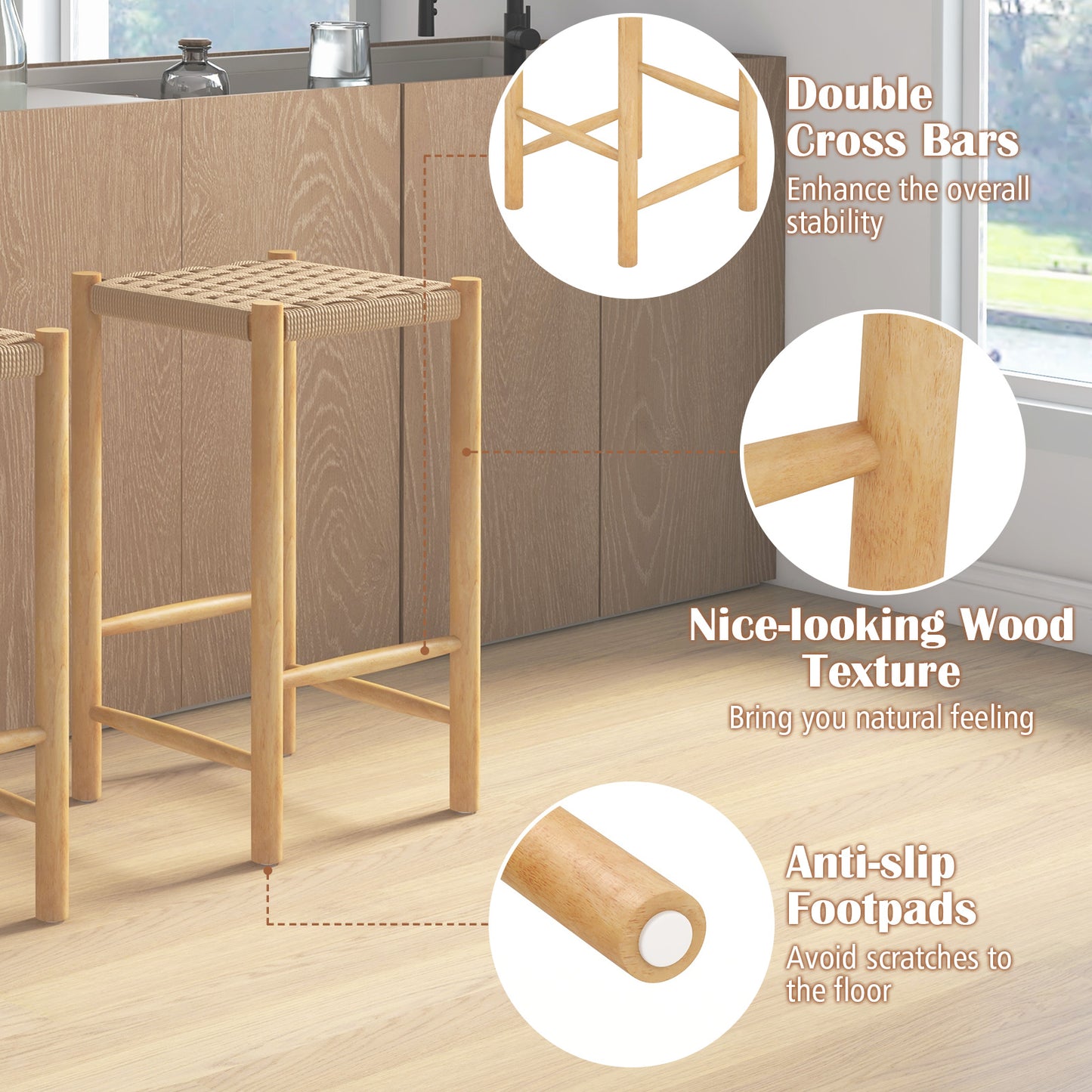 26 Inch Dining Bar Stool Set Of 2, Natural Bar Stools at Gallery Canada