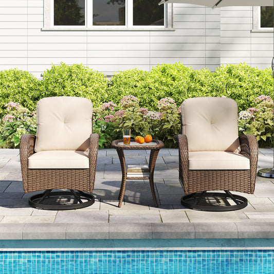 3 Piece Patio Swivel Rocker Set, Tempered Glass Table, Thick Cushions, Brown Patio Rocking Chairs & Gliders Brown at Gallery Canada
