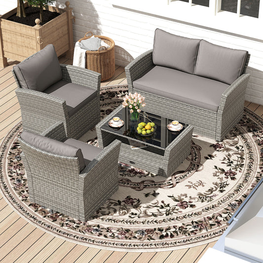 4-Piece Patio Rattan Furniture Set, Sofa Table Storage Shelf Cushion, Gray