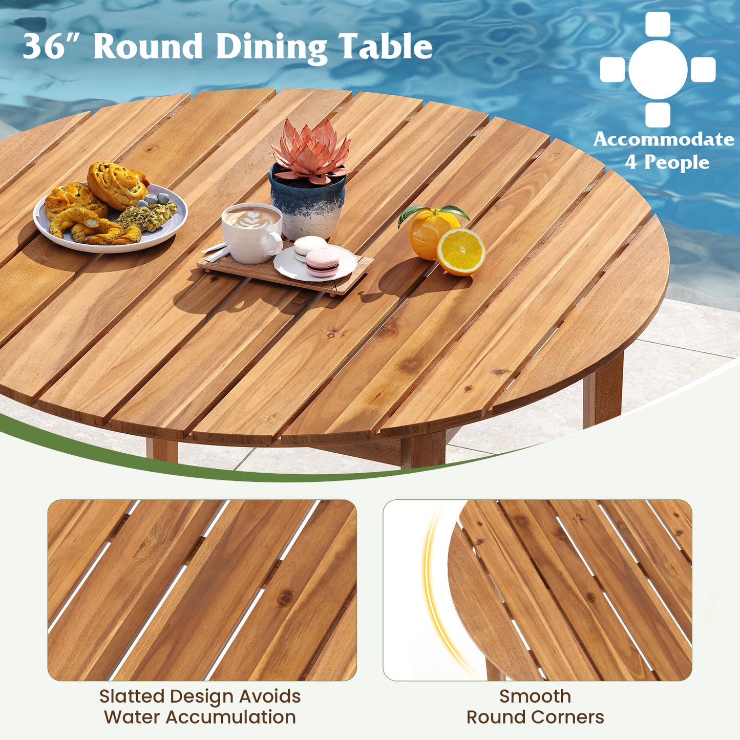 36 Inch Acacia Wood Round Outdoor Dining Table, For 4 People, Natural Patio Dining Tables at Gallery Canada