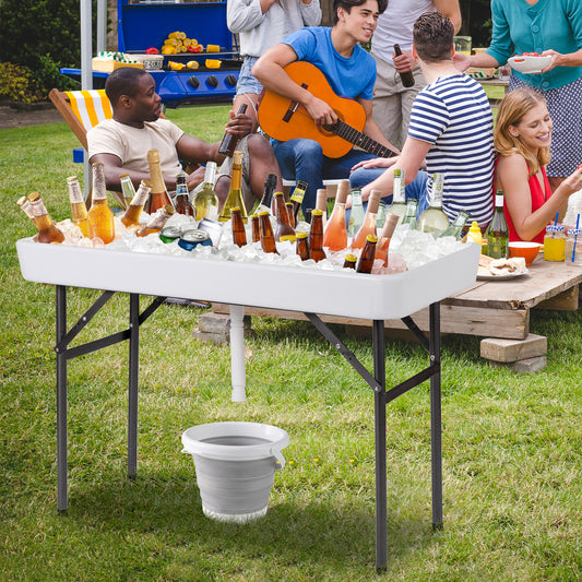 4 Feet Plastic Folding Party Table, With Skirt And Ice Bucket, White Camping Furniture White at Gallery Canada