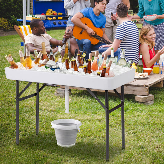 4 Feet Plastic Folding Party Table, With Skirt And Ice Bucket, White Camping Furniture White at Gallery Canada