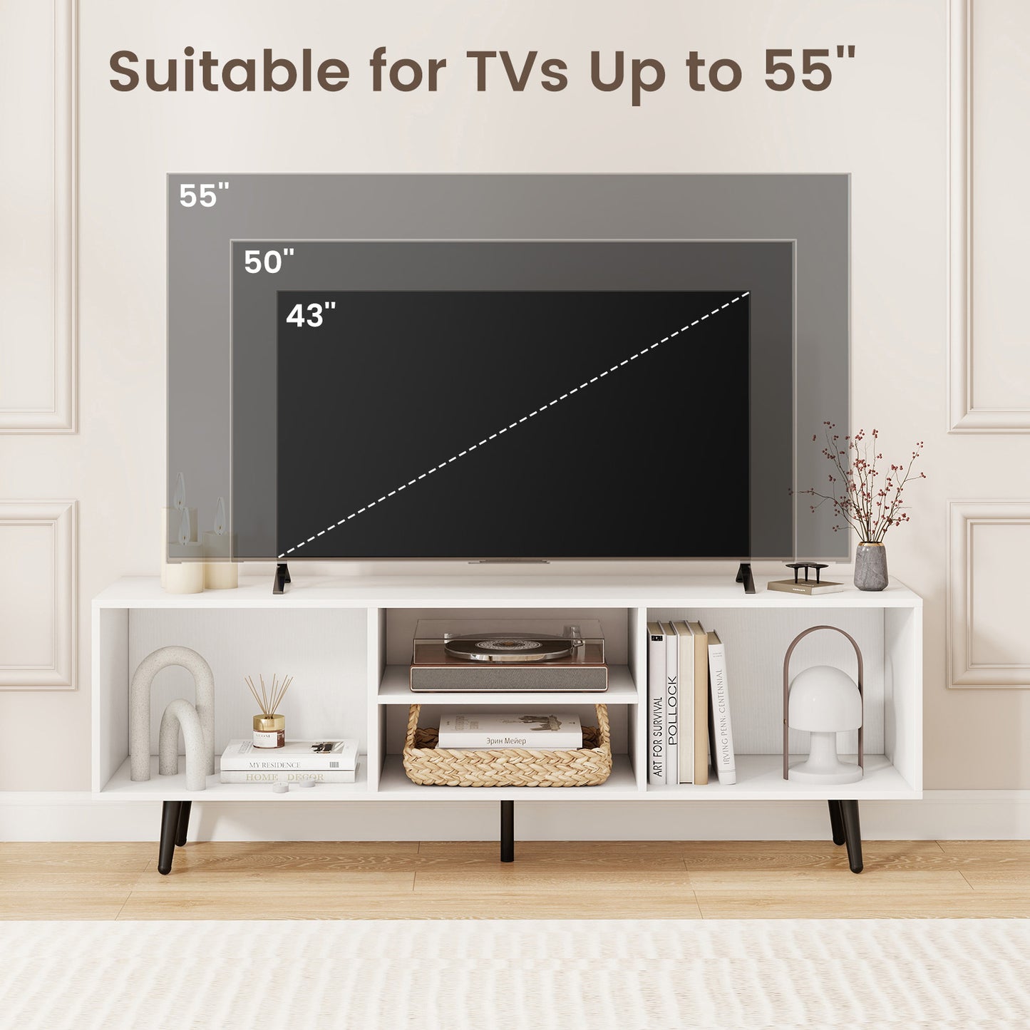 47.5 Inches TV Stand for 55-Inch TV with Compartments and Metal Legs, White Entertainment Centers & TV Stands at Gallery Canada