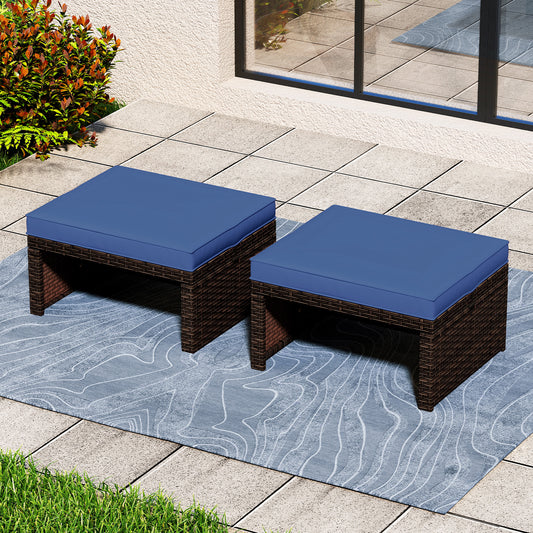 Outdoor Patio PE Rattan Ottoman Footstool, 2 Pieces, Navy Outdoor Seating & Patio Chairs Navy at Gallery Canada