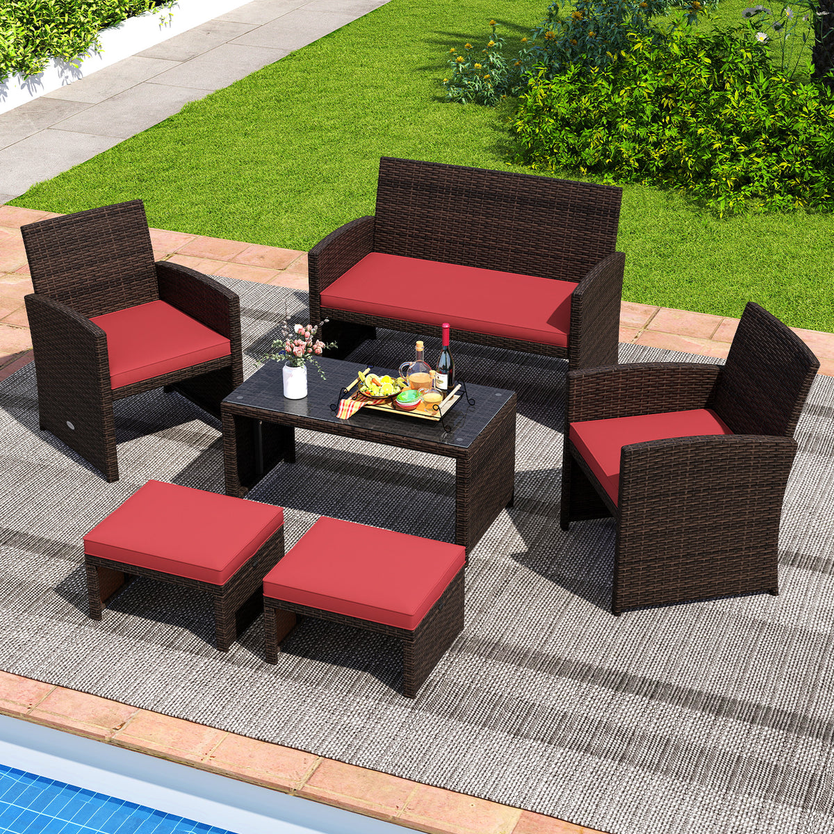 Outdoor 2 Piece PE Rattan Ottoman Footstool, Red Outdoor Seating & Patio Chairs at Gallery Canada