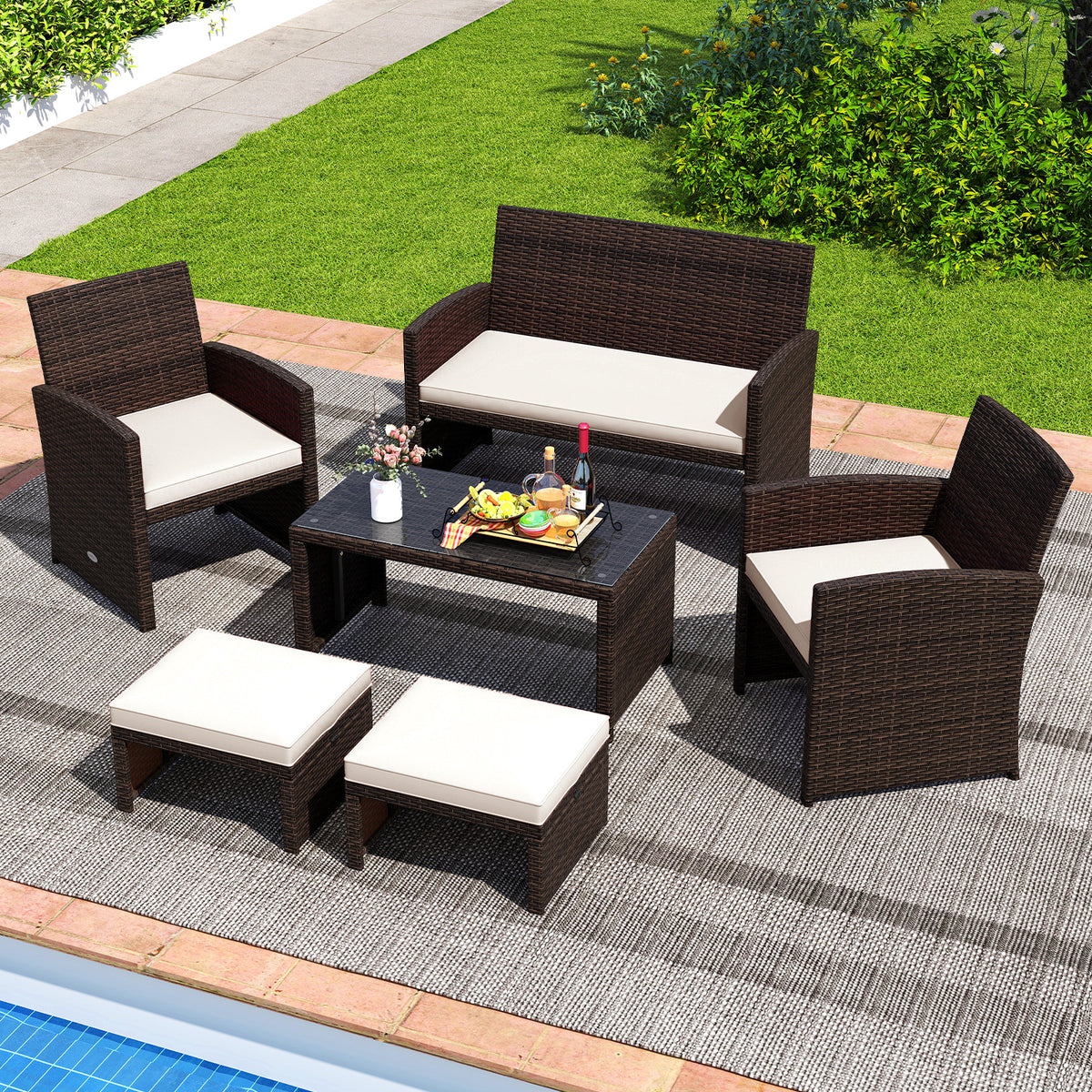 Outdoor Patio PE Rattan Ottoman Footstool, 2 Pieces, White Outdoor Seating & Patio Chairs at Gallery Canada