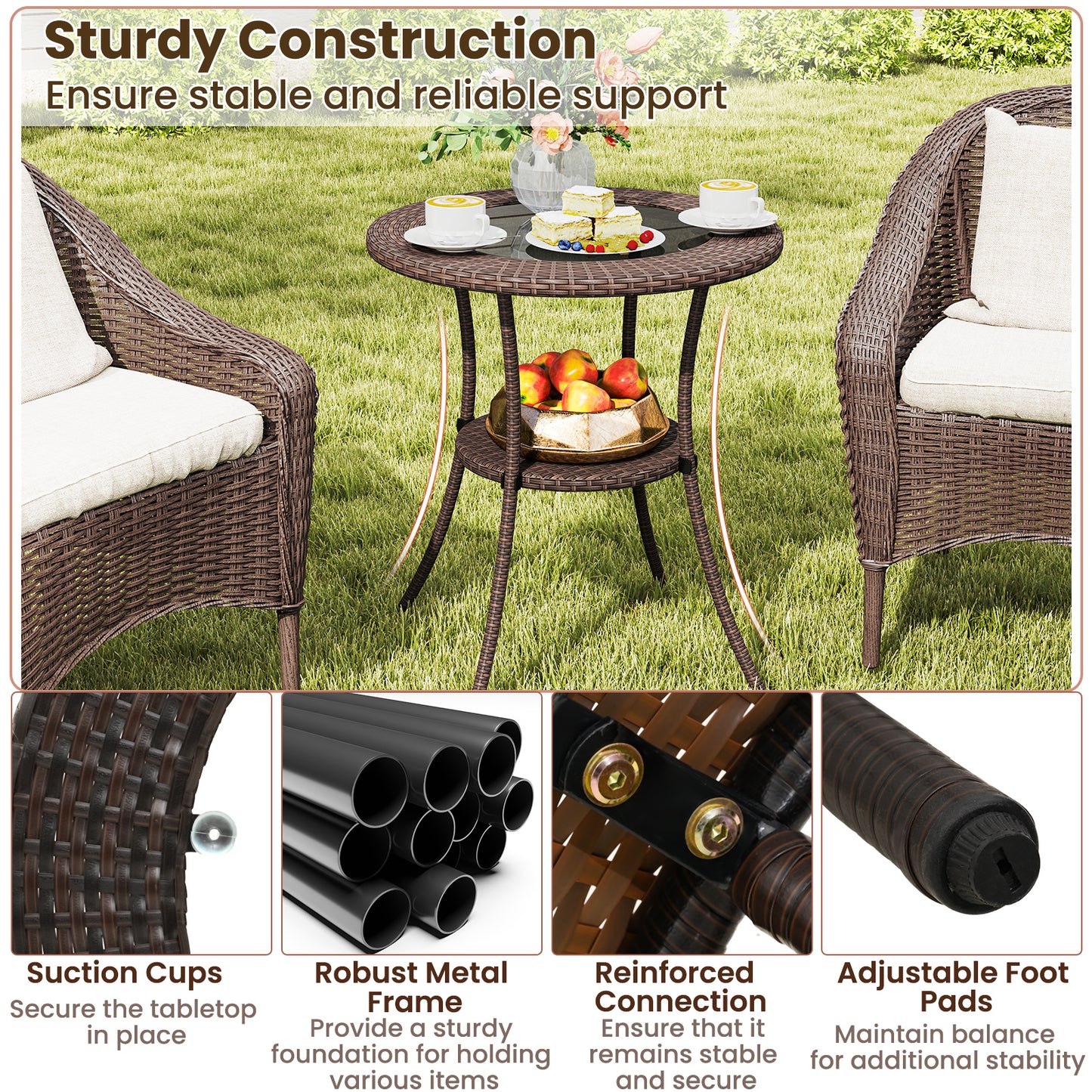 PE Wicker Patio Bistro Table Round with Tempered Glass Top and Shelf, Brown Patio Dining Tables at Gallery Canada