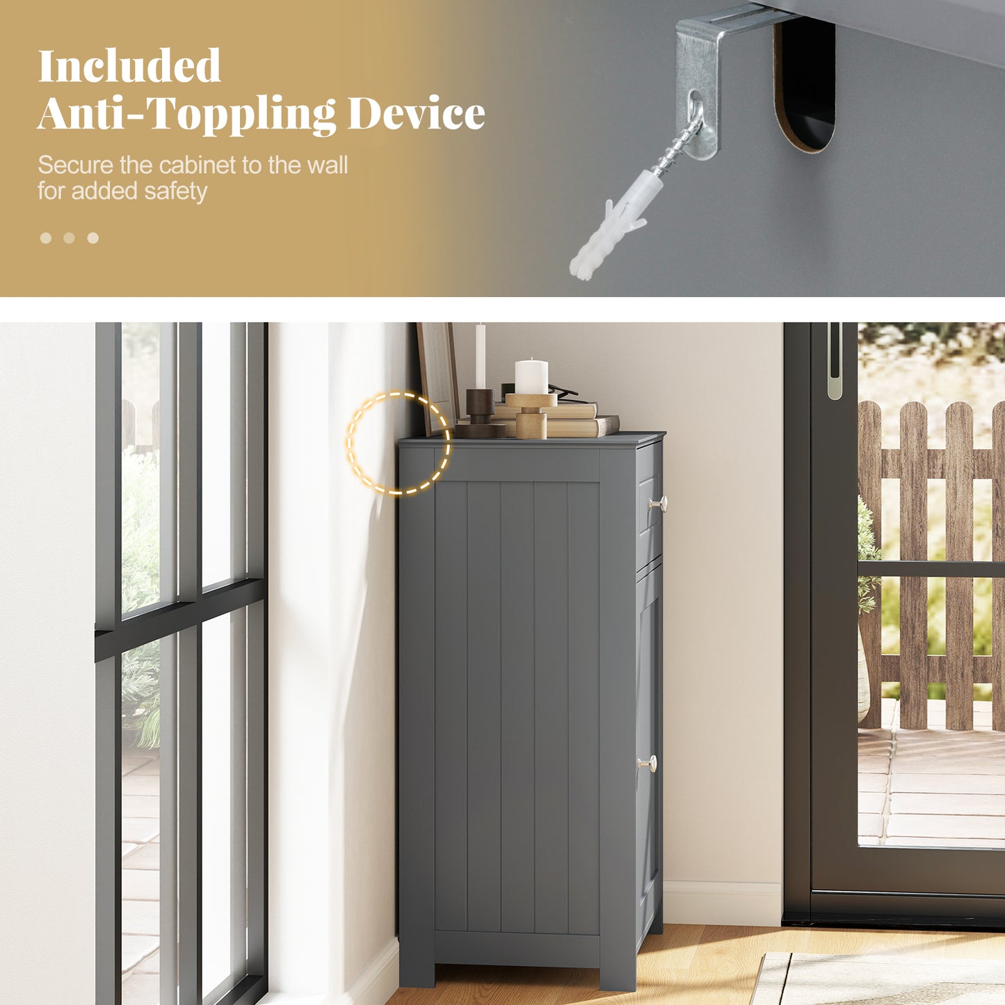 Single Door Bathroom Cabinet, Adjustable Shelf And Drawer, Gray