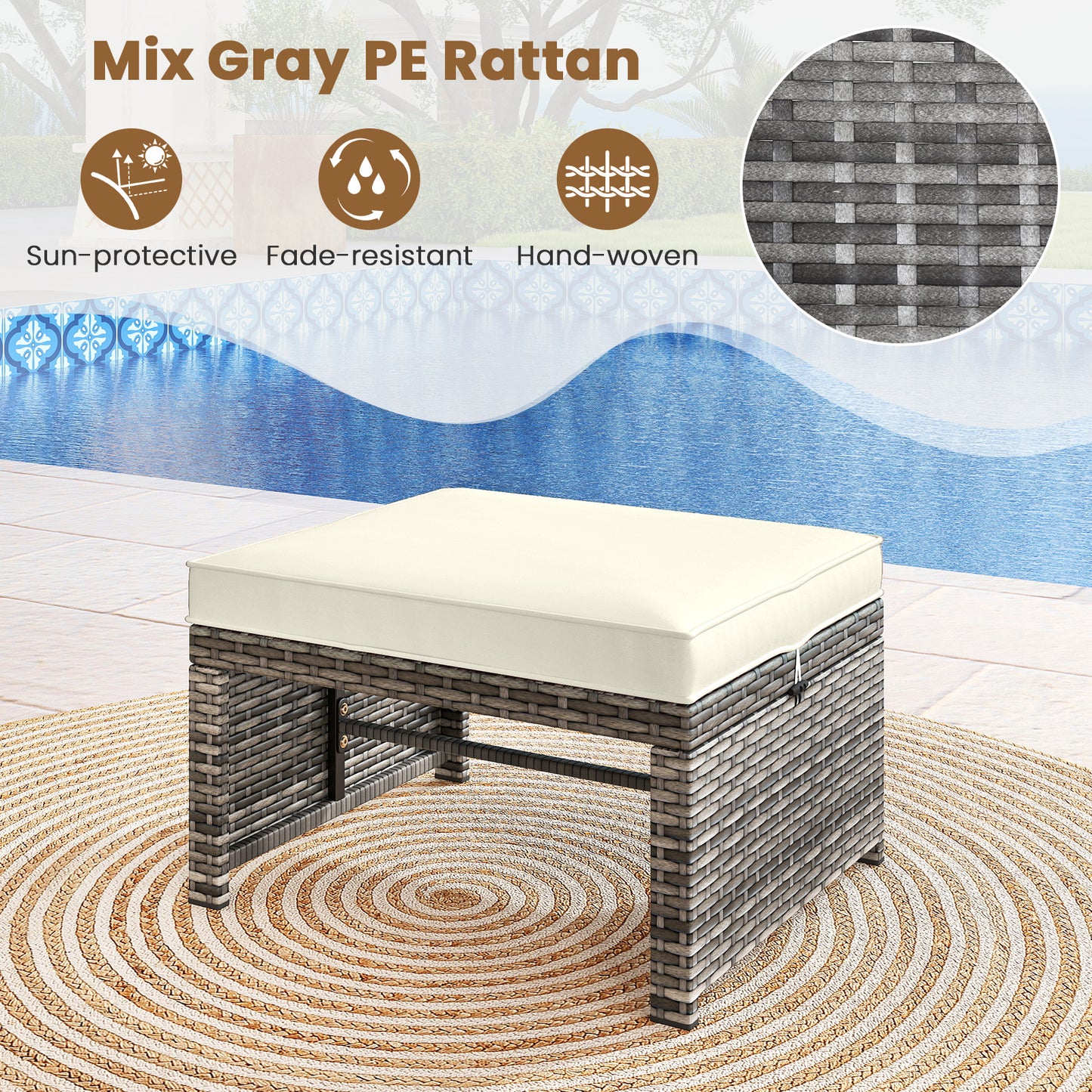 Patio PE Rattan Ottomans, 2 Pieces, Soft Zippered Cushions, White Outdoor Seating & Patio Chairs at Gallery Canada