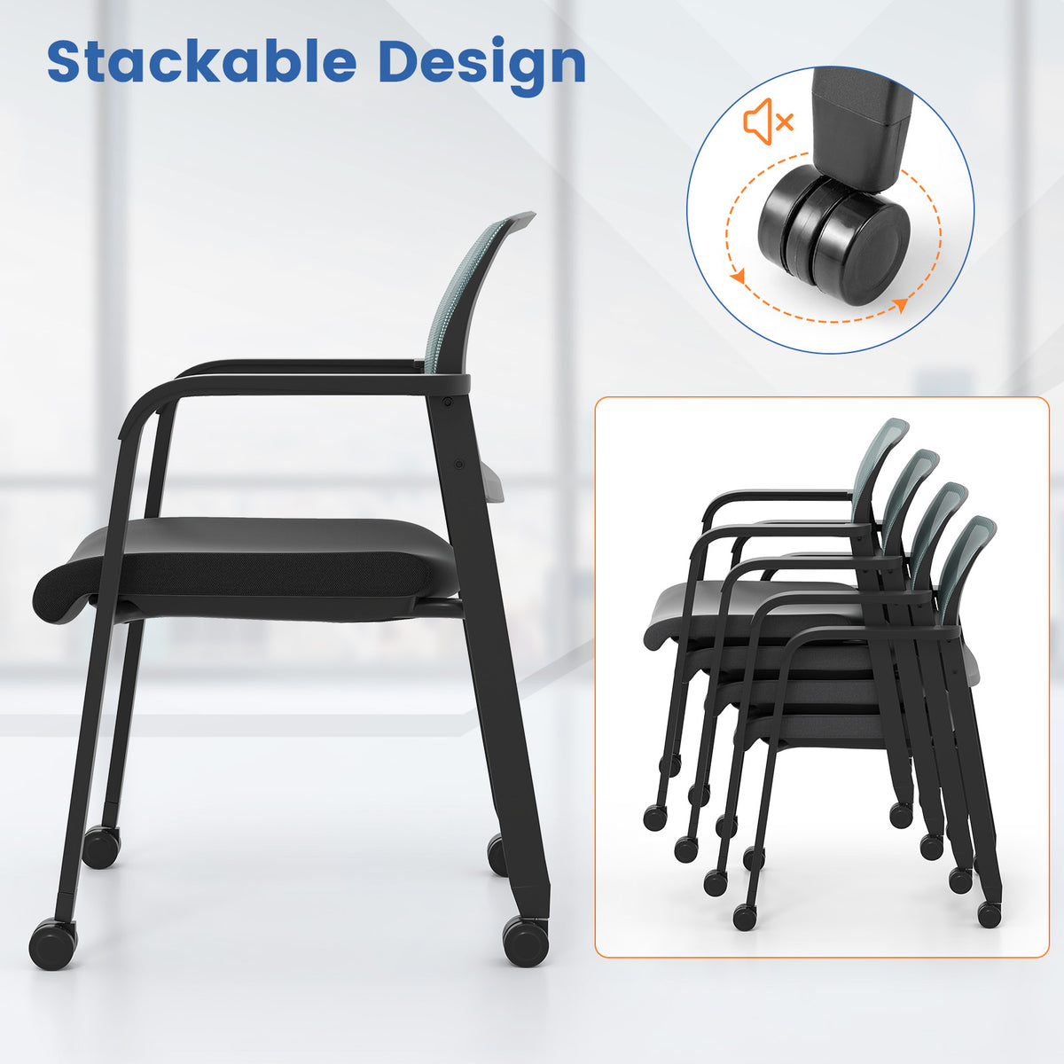 Set Of 2 Stackable Rolling Office Chairs, Mesh Backrest, Gray Conference Chairs at Gallery Canada