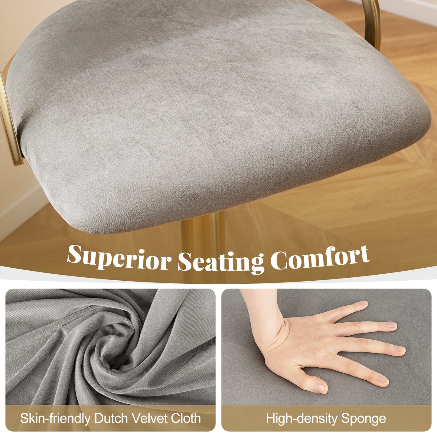 Swivel Bar Stool Set of 2 Dutch Velvet Height Adjustable Island Stools-Grey, Gray Bar Stools at Gallery Canada