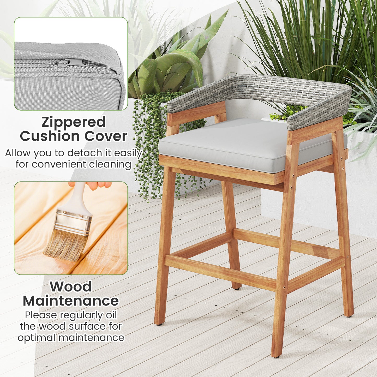 Acacia Wood Counter Height Bar Stools, Set of 2, Gray Patio Bar Furniture at Gallery Canada