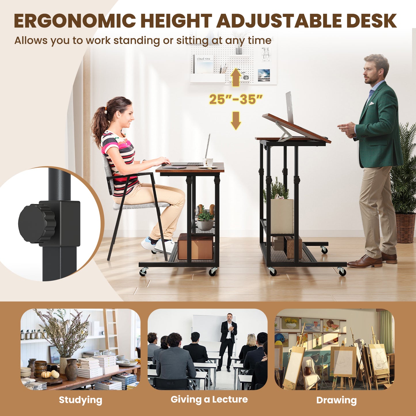 Mobile Height Adjustable Standing Desk, Tilting Tabletop, Brown Standing Desks at Gallery Canada