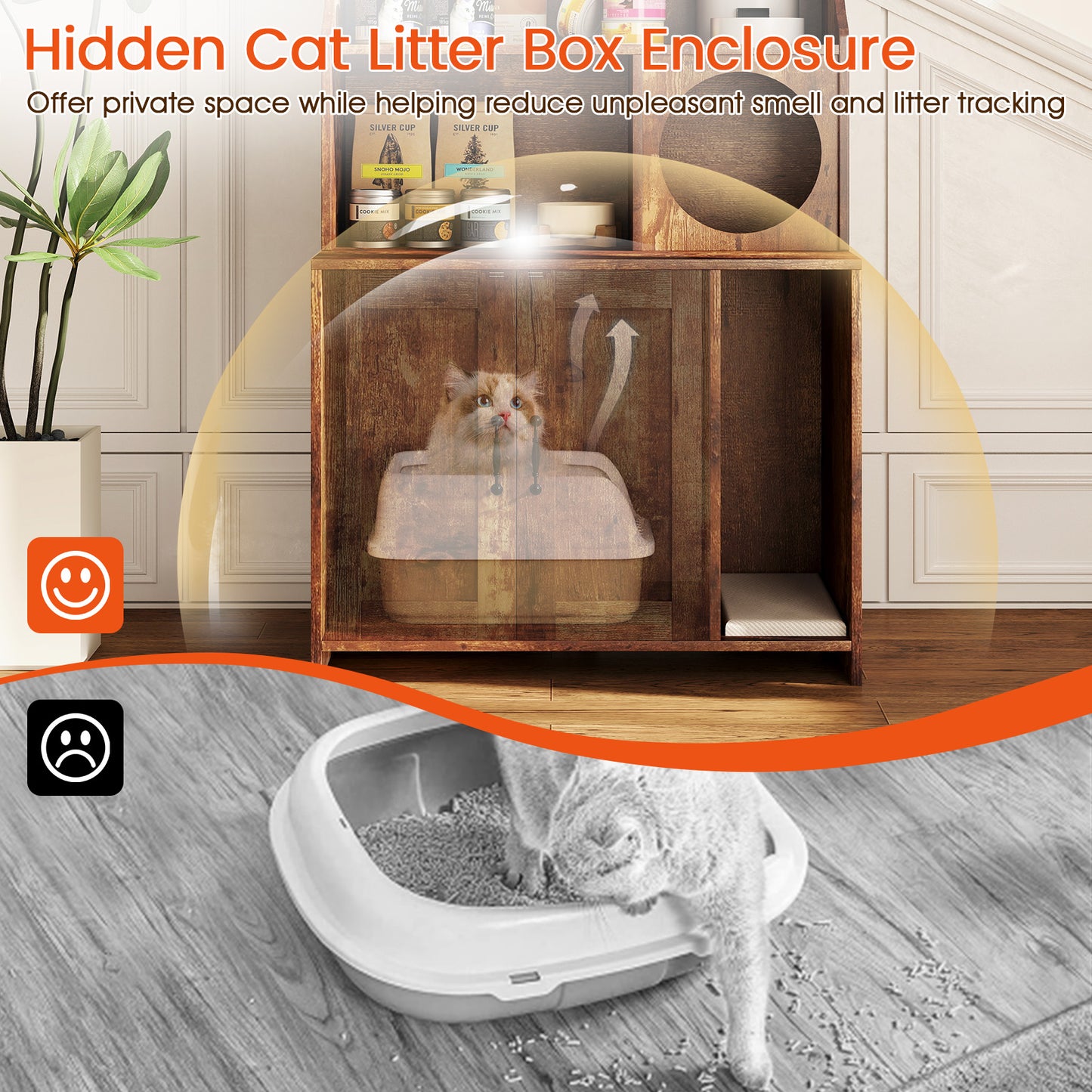 Wooden Cat Litter Box Enclosure With Storage Shelves, Brown
