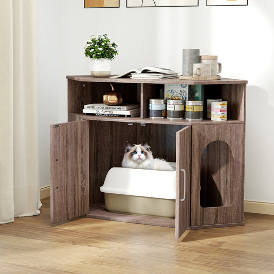 Corner Cat Litter Box Enclosure With Storage Shelves, Gray