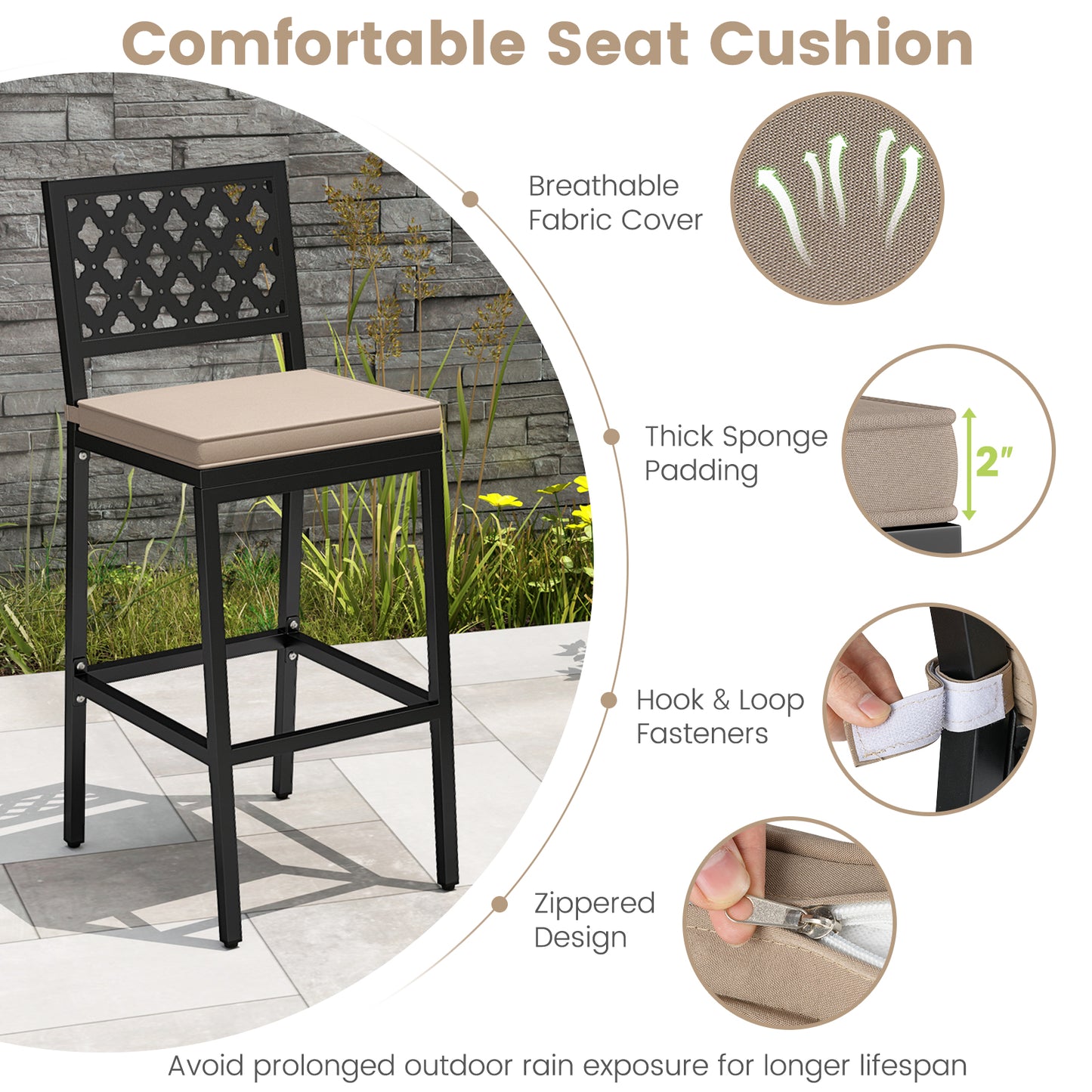 Patio Bar Chairs, Set of 2, Counter Height, Detachable Cushion, Footrest, Argyle Pattern, Black Bar Stools at Gallery Canada