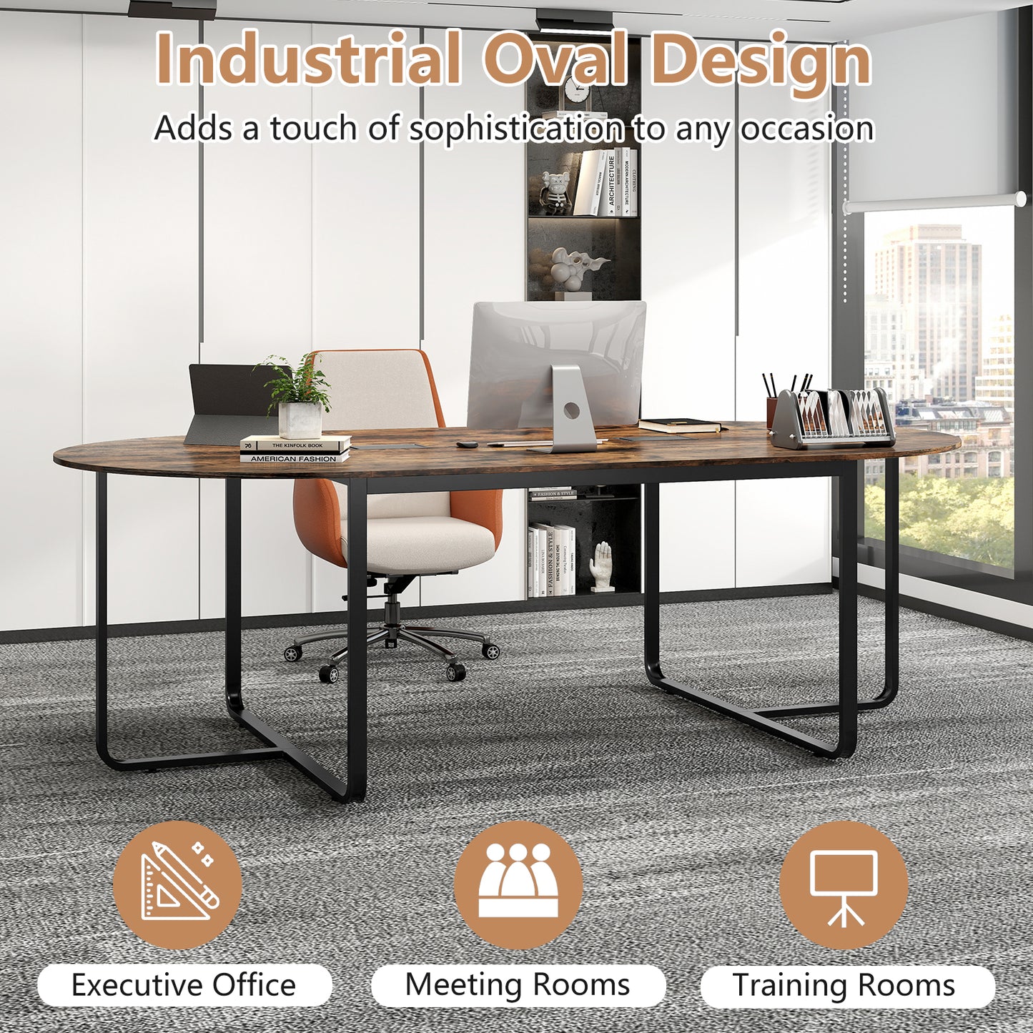 95 Inches Oval Conference Table, Dual Cable Holes, Rustic Brown Standing Desks at Gallery Canada