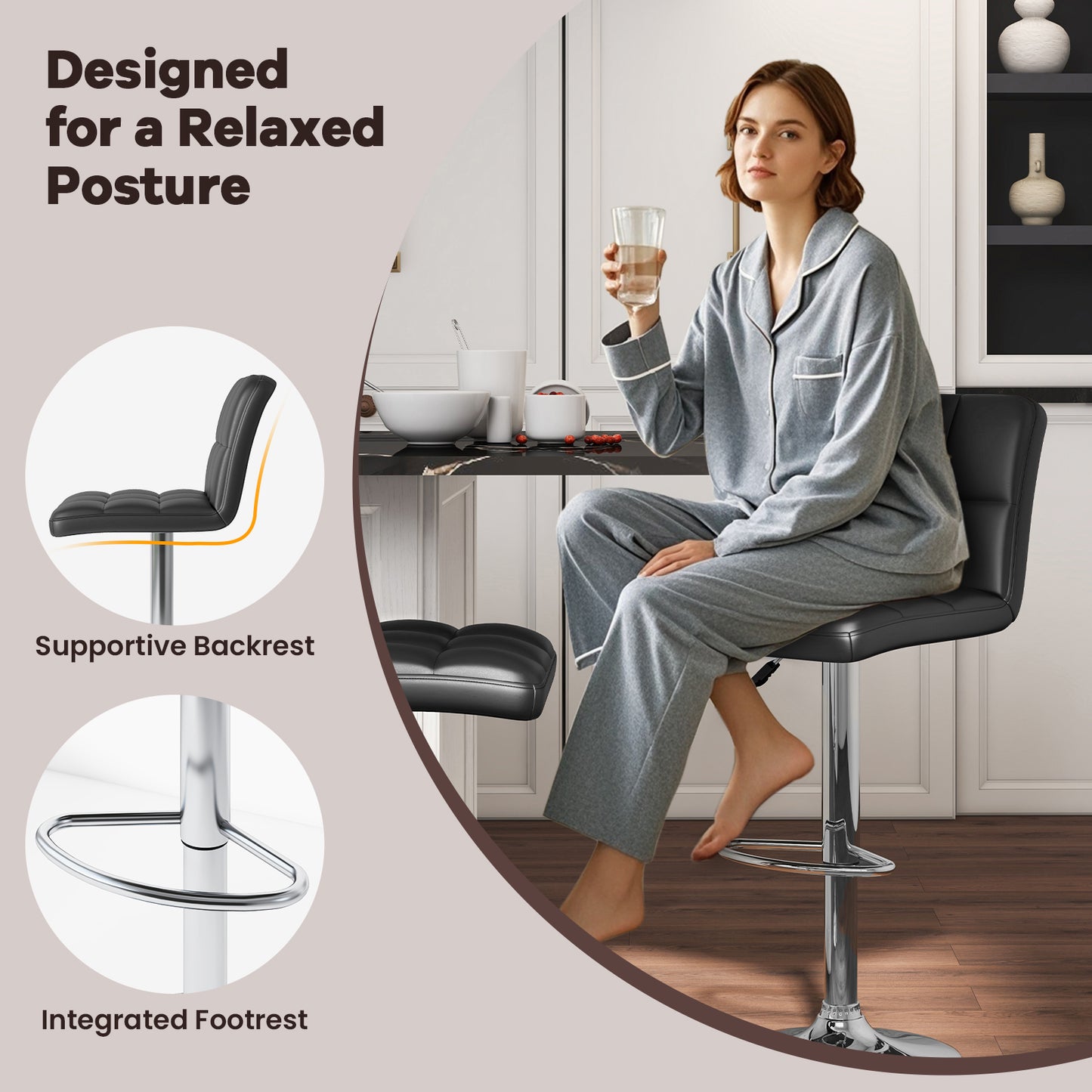 Set of 2 Square Swivel Adjustable PU Leather Bar Stools with Back and Footrest, Black Bar Stools at Gallery Canada