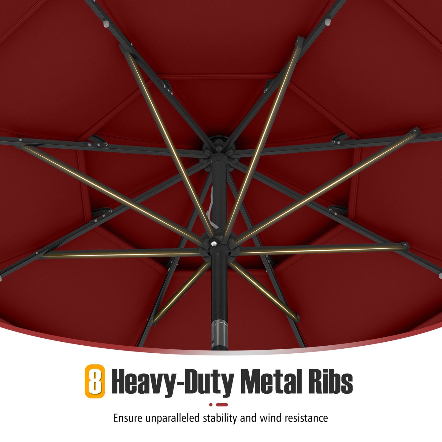10 Feet Solar Patio Umbrella, 32 LED Lights, 3-Tier Vented Top, Wine Outdoor Umbrellas at Gallery Canada