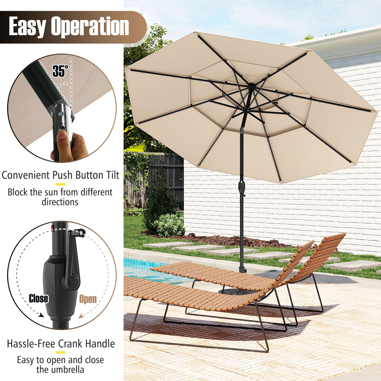 10 Feet Solar Patio Umbrella, 32 LED Lights, 3-Tier Vented Top, Beige Outdoor Umbrellas at Gallery Canada