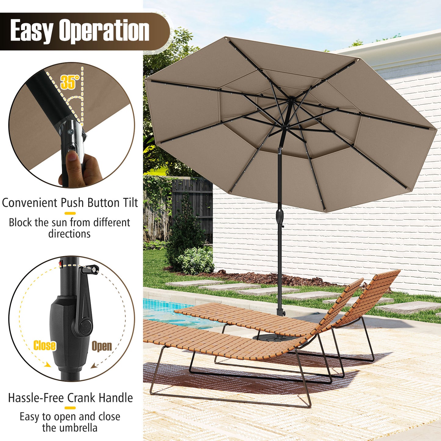 10 Feet Solar Patio Umbrella, 32 LED Lights, 3-Tier Vented Top, Taupe Outdoor Umbrellas at Gallery Canada