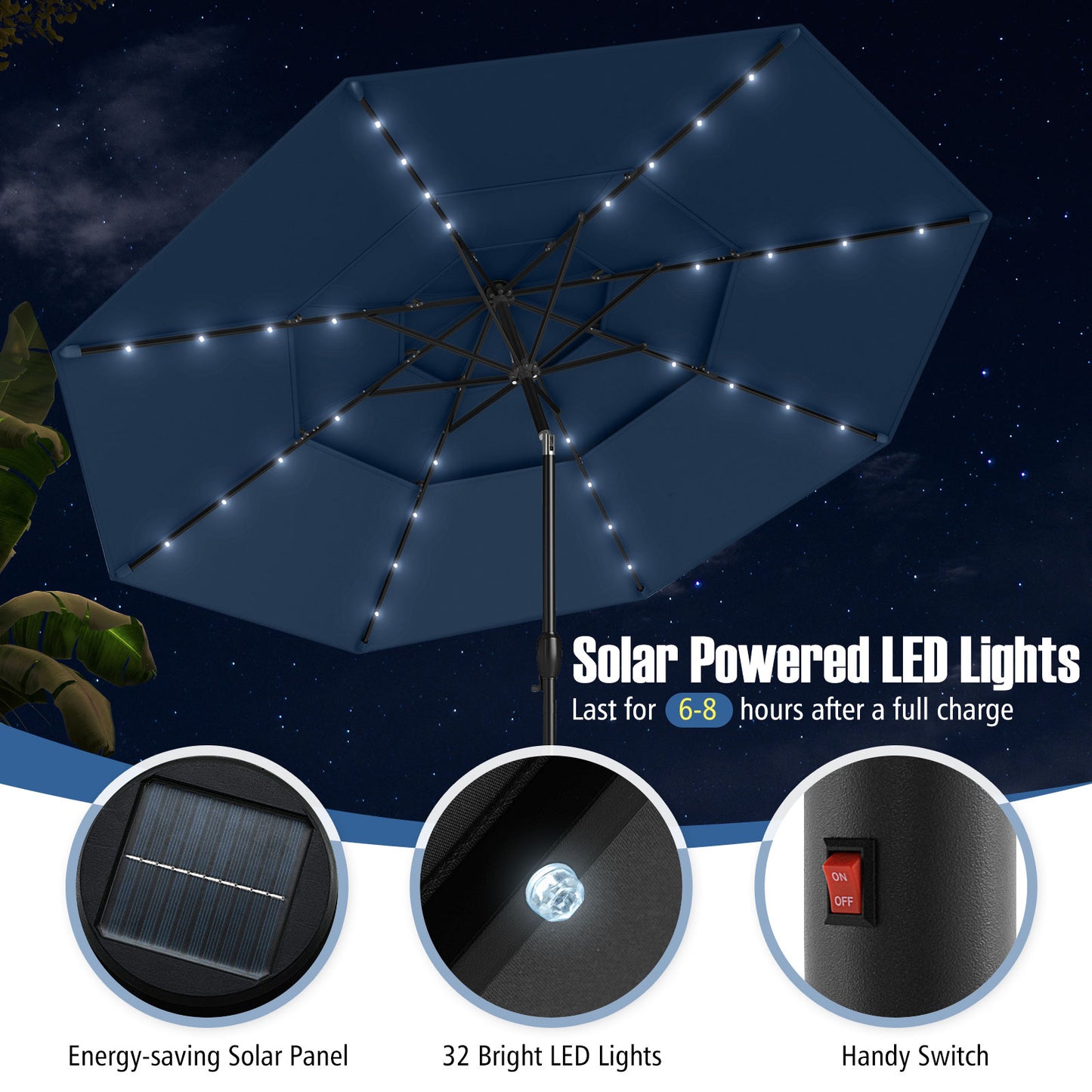 10 Feet Solar Patio Umbrella, 32 LED Lights, 3-Tier Vented Top, Navy Outdoor Umbrellas at Gallery Canada