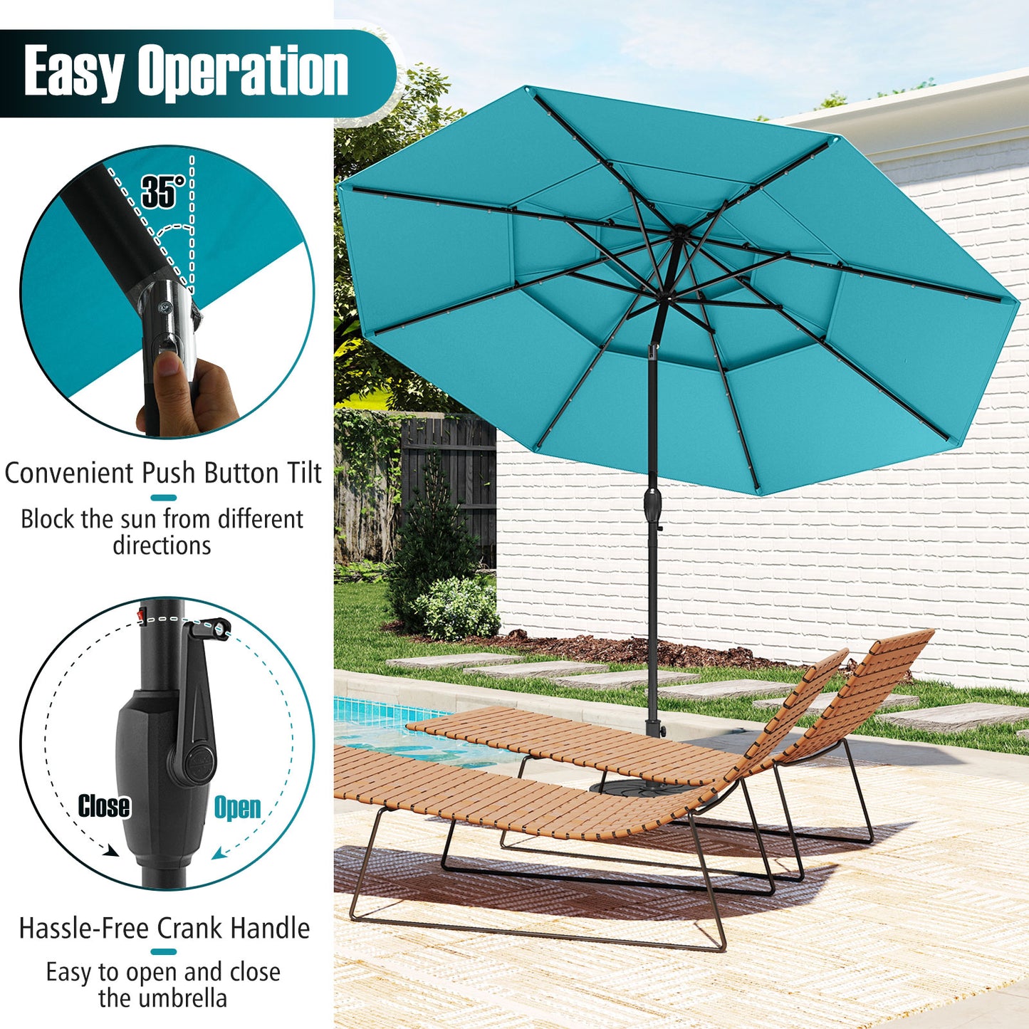 10 Feet Solar Patio Umbrella, 32 LED Lights, 3-Tier Vented Top, Turquoise Outdoor Umbrellas at Gallery Canada