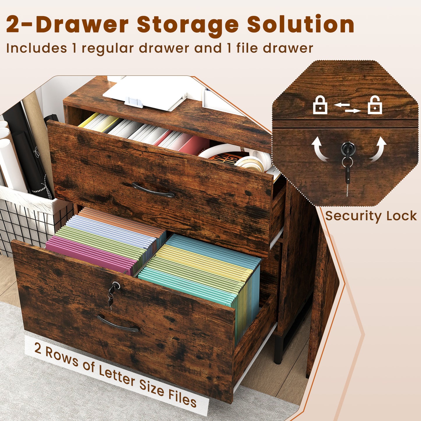Letter Size Lateral File Cabinet With Lock, Bookshelf, Rustic Brown File Cabinets at Gallery Canada