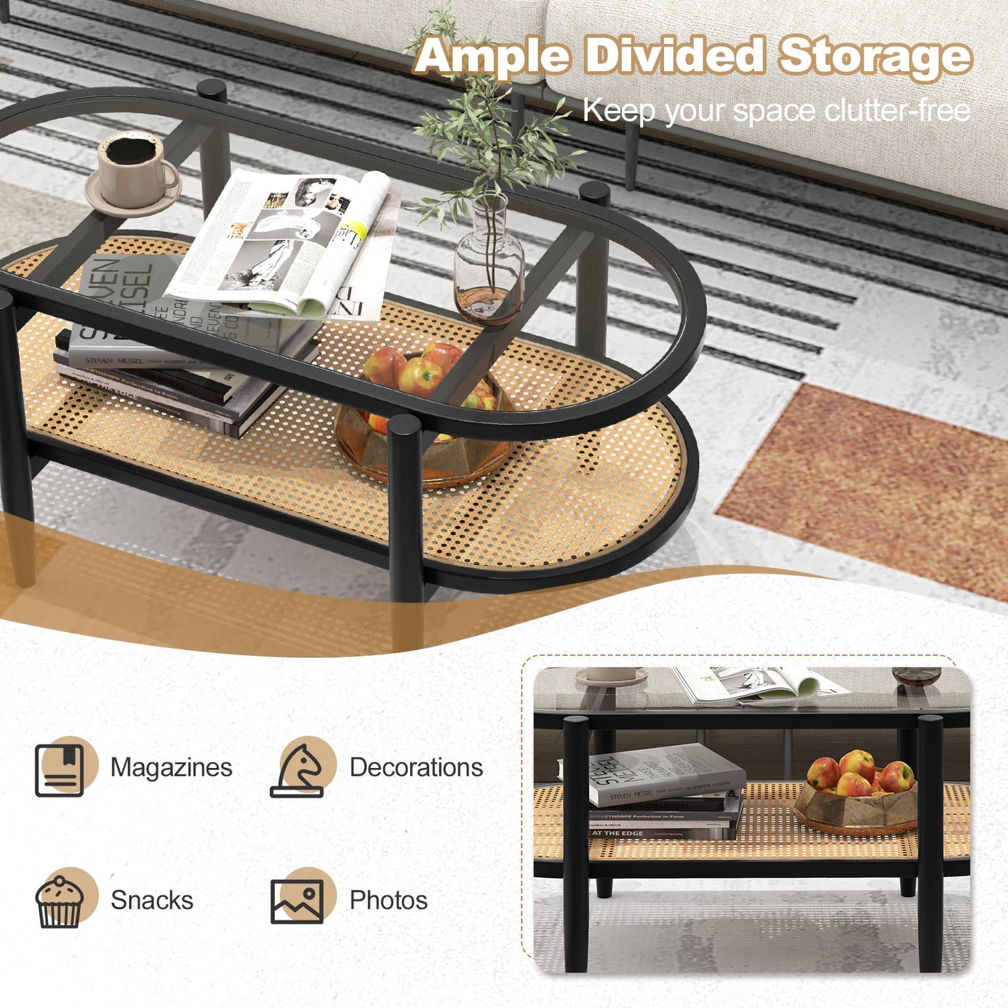 Table basse 2 niveaux, Dessus en verre trempé, Cadre en bois d'acacia, Noir