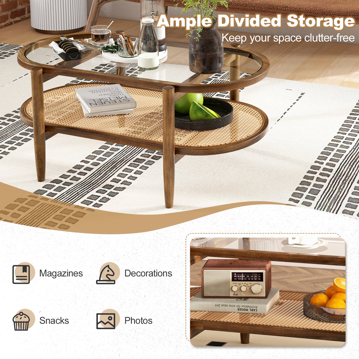 2-Tier Coffee Table, Tempered Glass Top, Acacia Wood Frame, Brown Coffee Tables at Gallery Canada