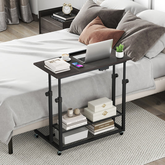 Bureau debout réglable en hauteur mobile, Plateau inclinable, Chêne