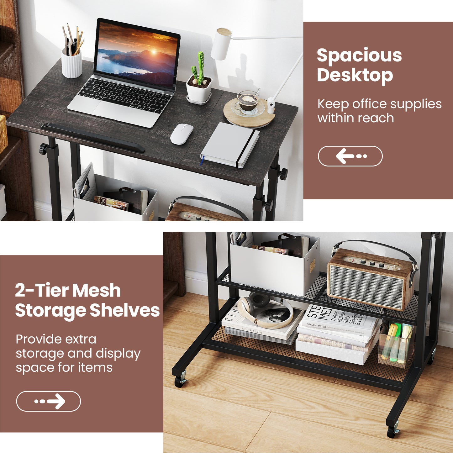 Mobile Height Adjustable Standing Desk, Tilting Tabletop, Oak Standing Desks at Gallery Canada