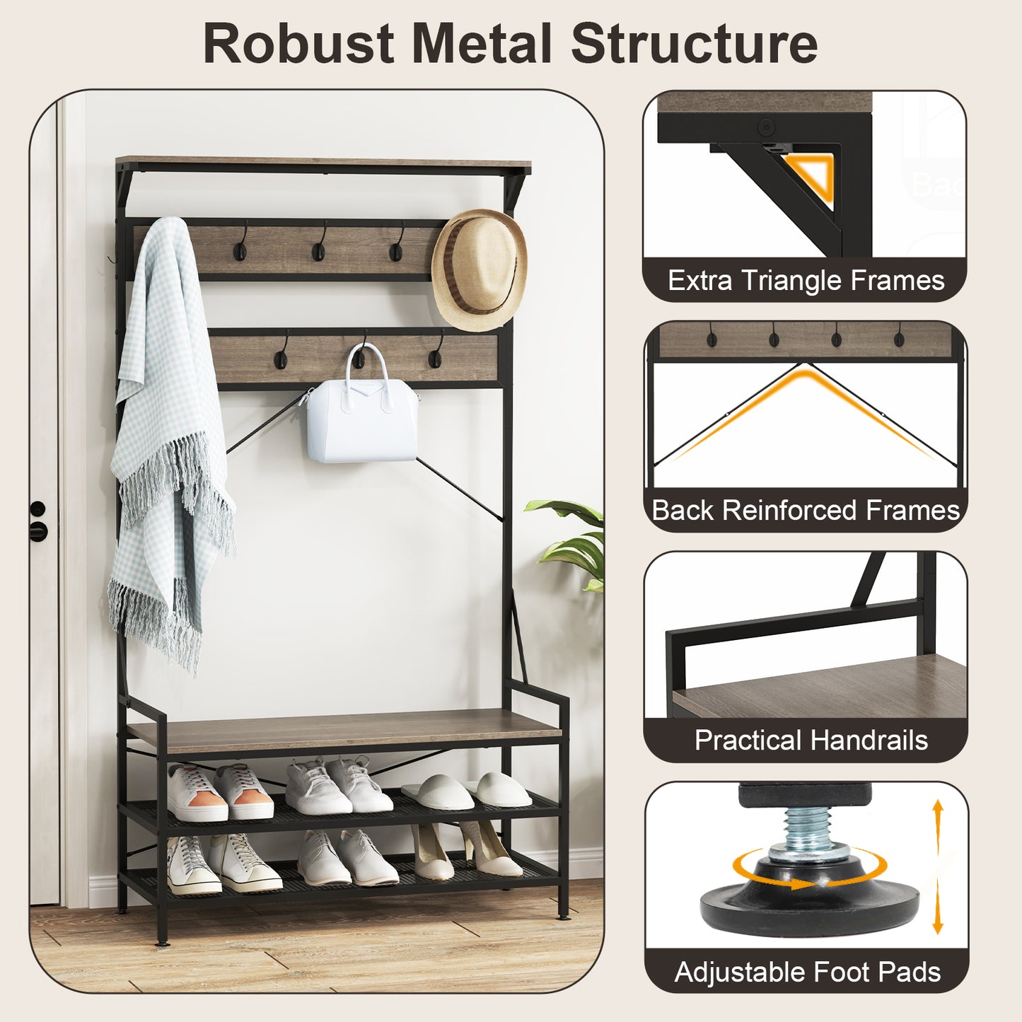 Coat Rack 4-In-1 Hall Tree with 11 Hanging Hooks Shoe Bench, Gray Coat Racks & Hall Trees at Gallery Canada