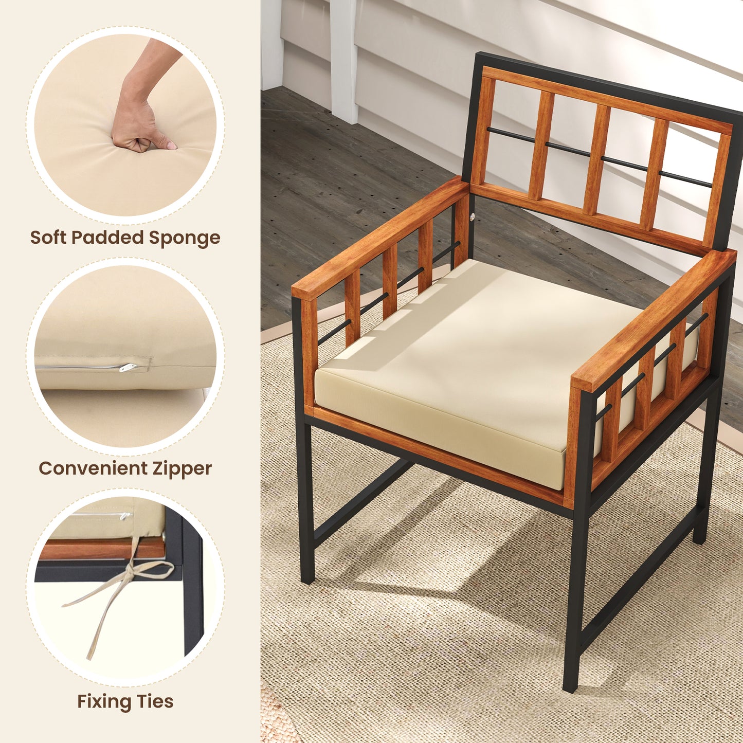 Set Of 6 Patio Dining Chairs, Acacia Wood Armchairs With Cushions, Beige