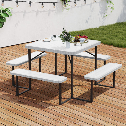 Square Picnic Table Bench Set, 4-8 People, Umbrella Hole, White Picnic Tables White at Gallery Canada