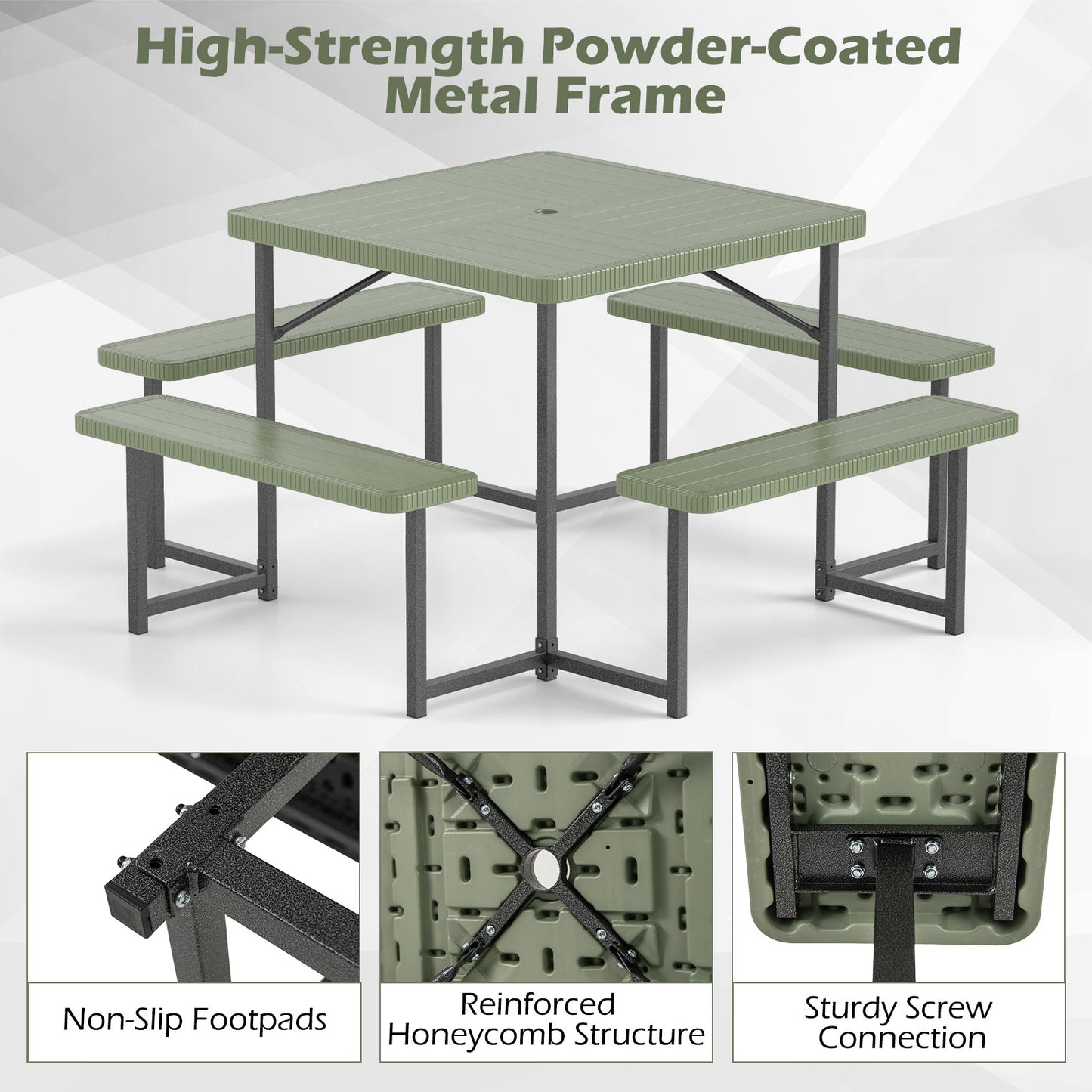 Outdoor Square Picnic Table Bench Set, 4-8 People, Umbrella Hole, Green Picnic Tables at Gallery Canada