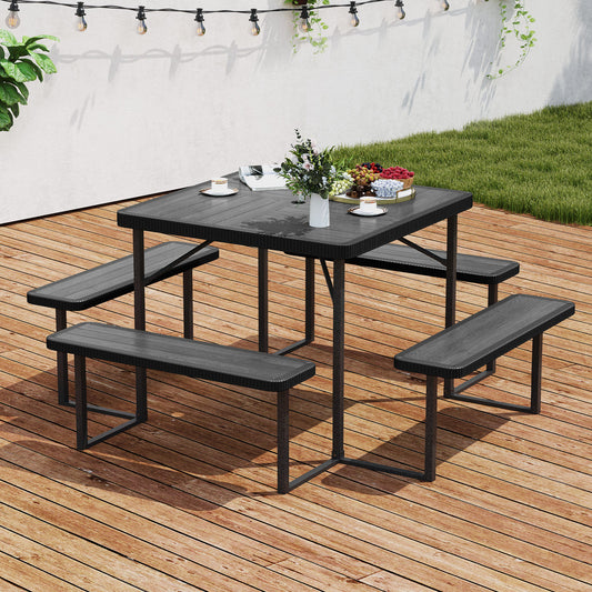 Outdoor Square Picnic Table Bench Set for 4-8 People with Umbrella Hole, Black Picnic Tables Black at Gallery Canada