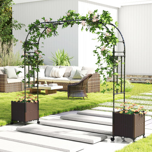 6.6 Feet Garden Arch Trellis, 2 Planter Boxes, Lockable Wheels, Black